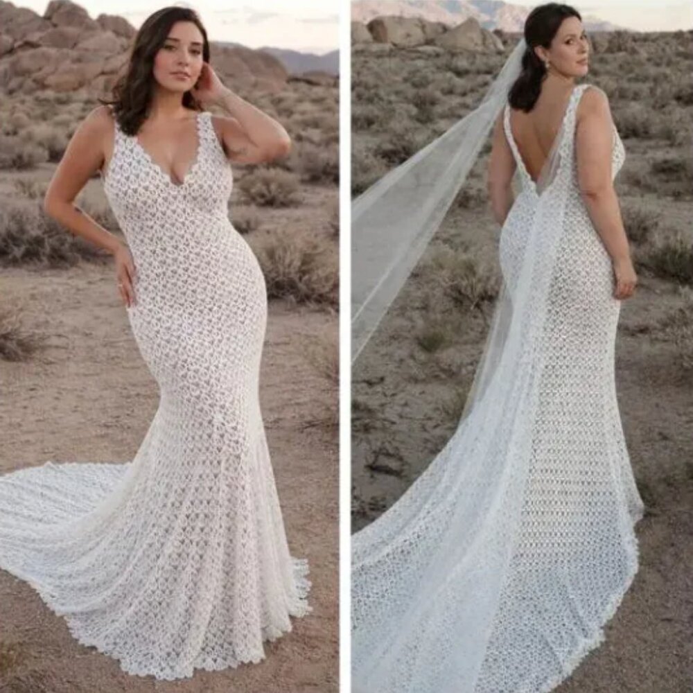 Daughters of Simone Anthro Nude Nev Crochet Lace Wedding Lined Boho Gown 4XL